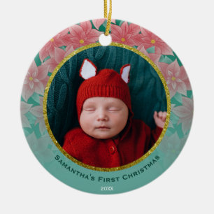 Red & Green Poinsettia Baby's First Christmas Ceramic Ornament