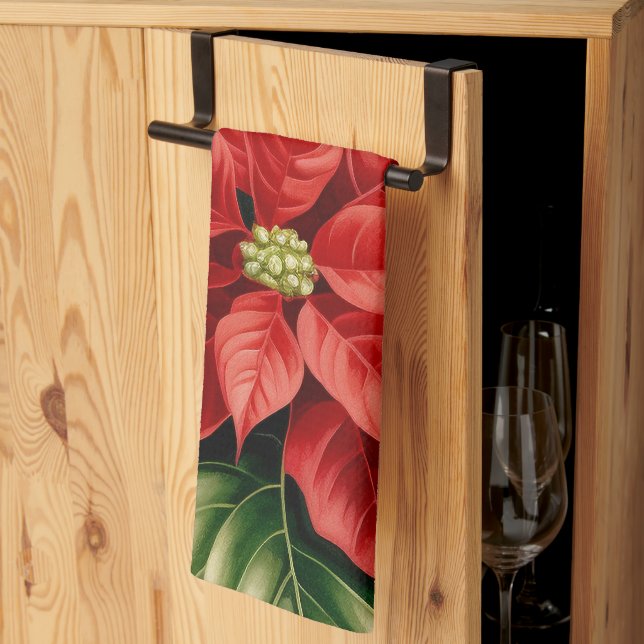 Red Green Poinsettia Holly Berry Christmas Floral Tea Towel (Thirds Fold)
