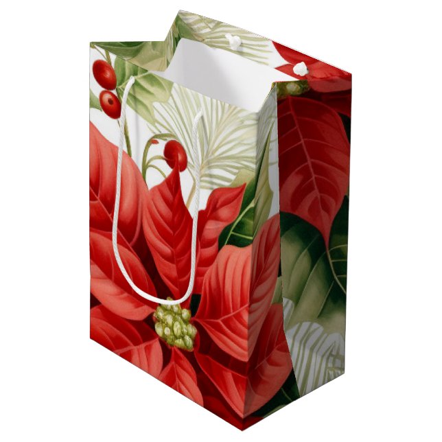 Red Green Poinsettia Holly Berry Christmas Holiday Medium Gift Bag (Front Angled)