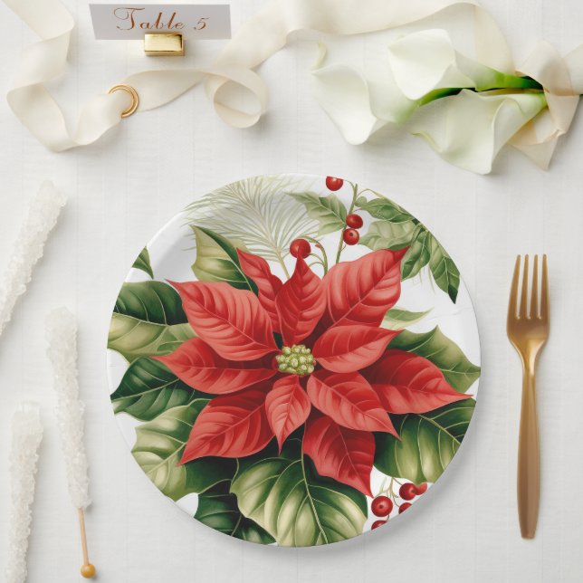 Red Green Poinsettia Holly Berry Christmas Holiday Paper Plate (Wedding)