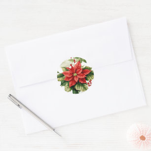 Red Green Poinsettia Holly Christmas Holiday Classic Round Sticker