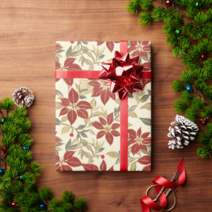 Red Green Poinsettias Vintage Christmas Wrapping Paper
