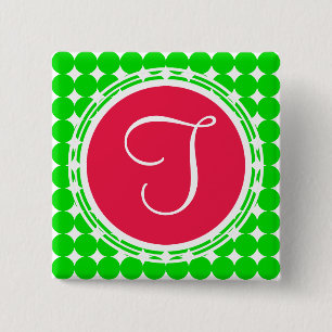 Red & Green Polka Dot Monogram 15 Cm Square Badge