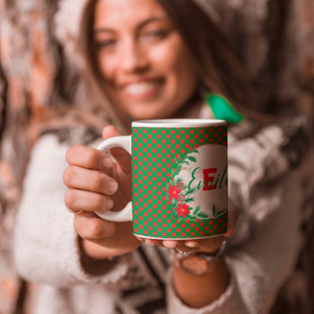 red & green Polka dots Botanical Custom Monogram Coffee Mug (Creator Uploaded)