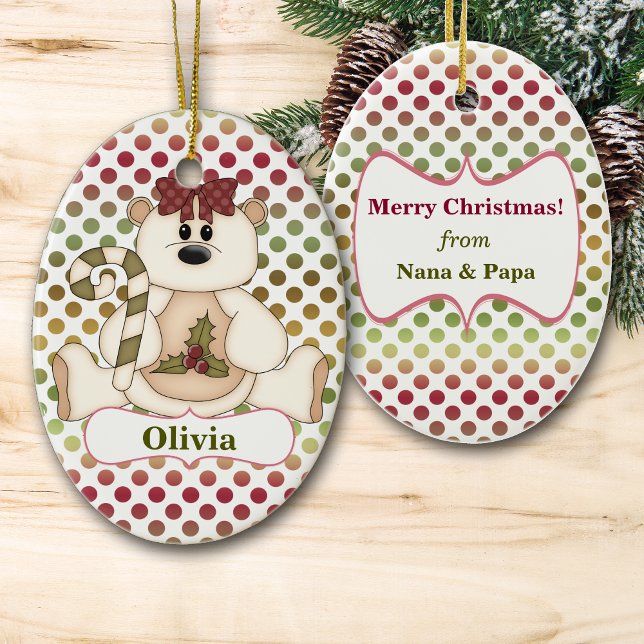 Red Green Polkadot Bear Personalised Ceramic Ornament (Creator Uploaded)