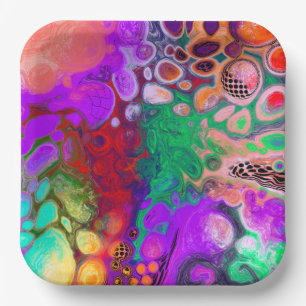 Red, Green, Purple Colourful Digital Fluid Art Paper Plate
