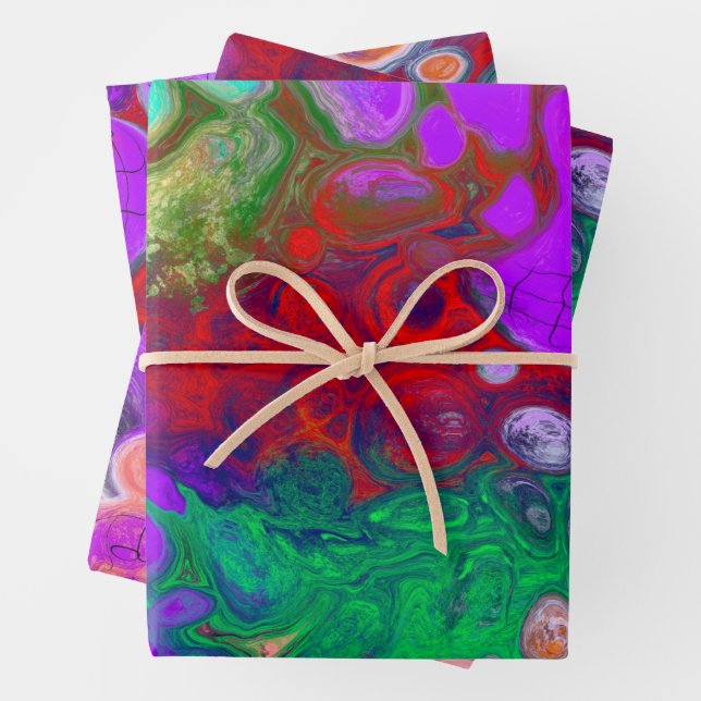Red, Green, Purple Colourful Digital Fluid Art   Wrapping Paper Sheet (In situ)