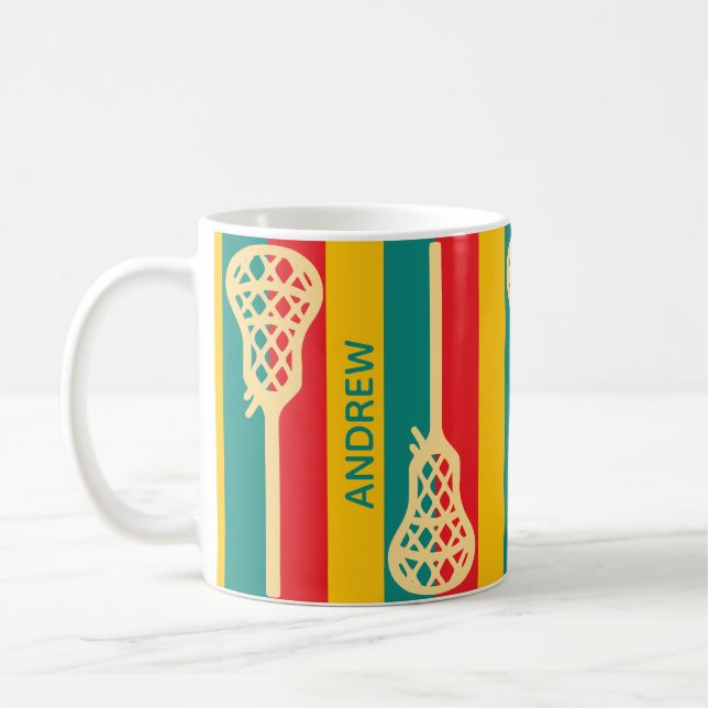 Red & Green Retro Lacrosse Sticks and Stripes Coffee Mug (Left)
