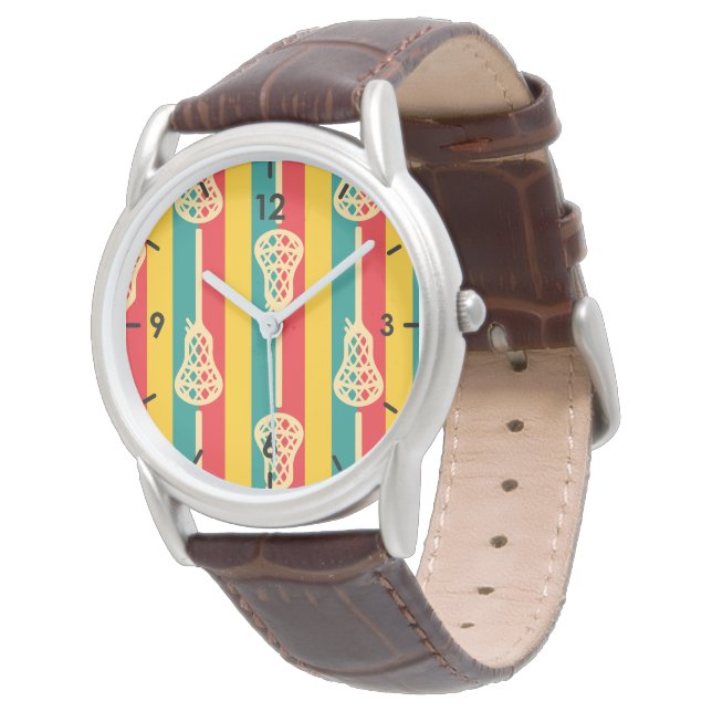 Red & Green Retro Lacrosse Sticks and Stripes Watch (Angled)