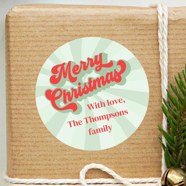 Red Green Retro Merry Christmas Custom Classic Round Sticker (Merry Christmas whimsical typography sticker. )