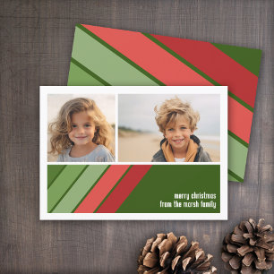 Red Green Retro Stripes - 2 Photo Collage Holiday Card