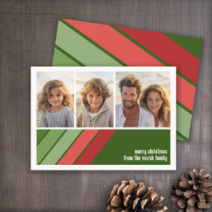 Red Green Retro Stripes - 3 Photo Collage Holiday Card