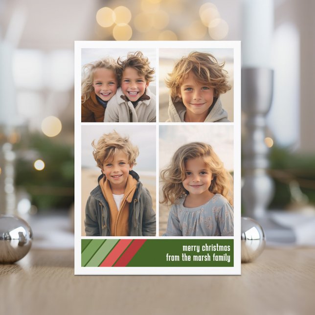 Red Green Retro Stripes - 4 Photo Collage Holiday Card (Red and Green Retro Stripe Holiday Card with an 4 Photo Collage template)