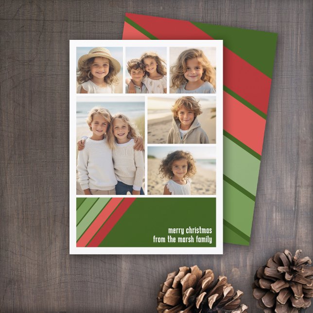 Red Green Retro Stripes - 6 Photo Collage Holiday Card (Red and Green Retro Stripe Holiday Card with an 6 Photo Collage template)