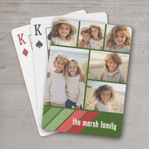 Red Green Retro Stripes - 6 Photo Collage Playing Cards