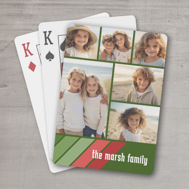 Red Green Retro Stripes - 6 Photo Collage Playing Cards (Personalized Playing Cards - add your photos and text)