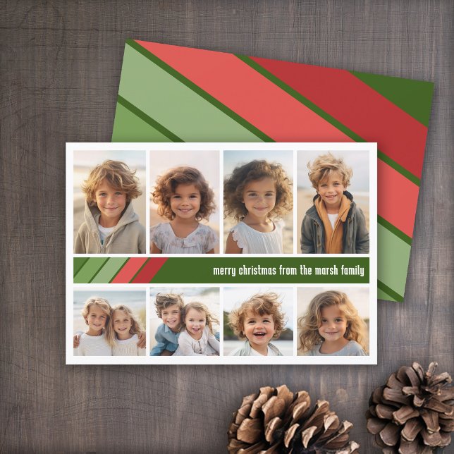 Red Green Retro Stripes - 8 Photo Collage Holiday Card (Red and Green Retro Stripe Holiday Card - 8 Photo Template - Print and Download Options)