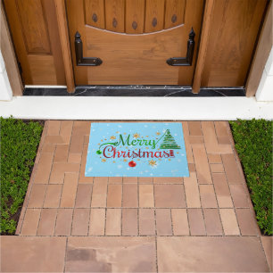 Red green ribbon style   Christmas tree Baby Blue Doormat
