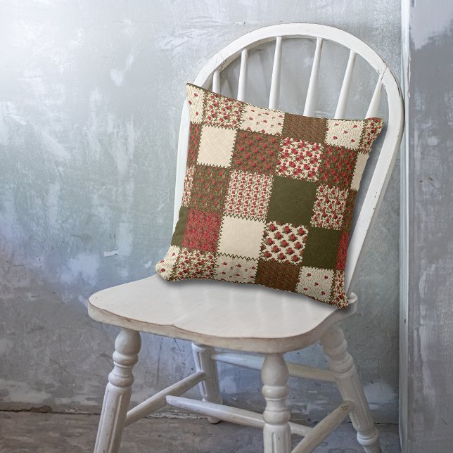 Red Green Roses Patchwork Quilt Pattern Cushion (Creator Uploaded)