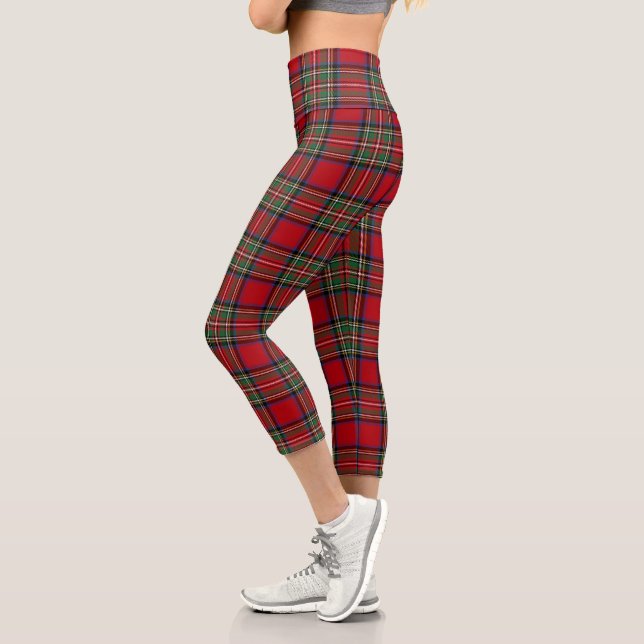 Red Green Royal Stewart Tartan Plaid Pattern Capri Leggings (Left)