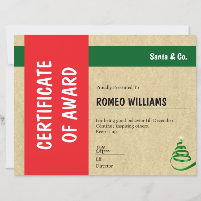 Red Green Santa & Co. Christmas Award Certificate (Front)