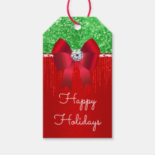 Red green satin bow glitter DIY Christmas wish Gift Tags