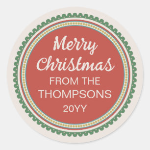 Red Green Scalloped Border Merry Christmas Classic Round Sticker