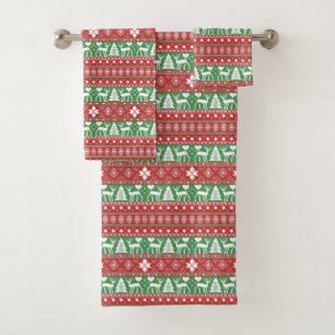 Red & Green Scandinavian Nordic Festive Christmas Bath Towel Set