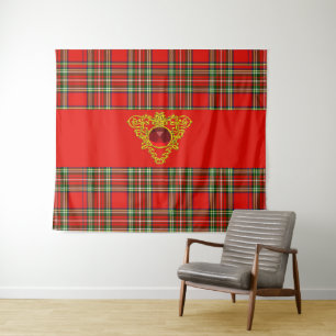 RED GREEN SCOTTISH TARTAN,GOLD CELTIC KNOTS HEART TAPESTRY