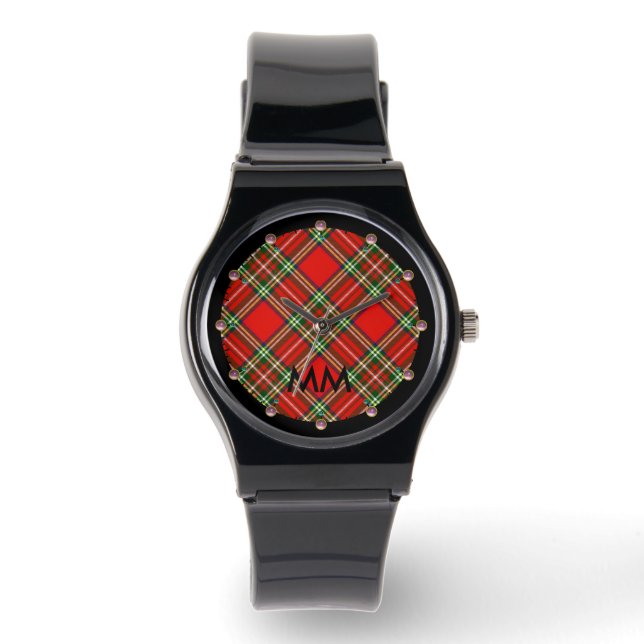 RED GREEN SCOTTISH TARTAN ,PINK GEMSTONES MONOGRAM WATCH (Front)