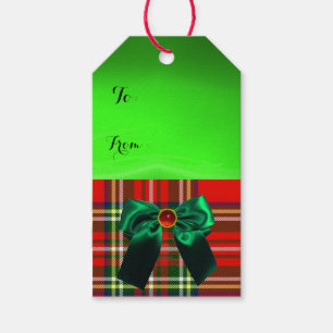 RED GREEN SCOTTISH TARTAN WITH CHRISTMAS BOWS GIFT TAGS