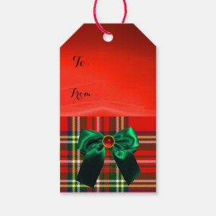 RED GREEN SCOTTISH TARTAN WITH CHRISTMAS BOWS GIFT TAGS
