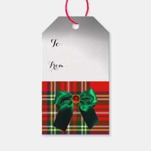 RED GREEN SCOTTISH TARTAN WITH CHRISTMAS BOWS GIFT TAGS
