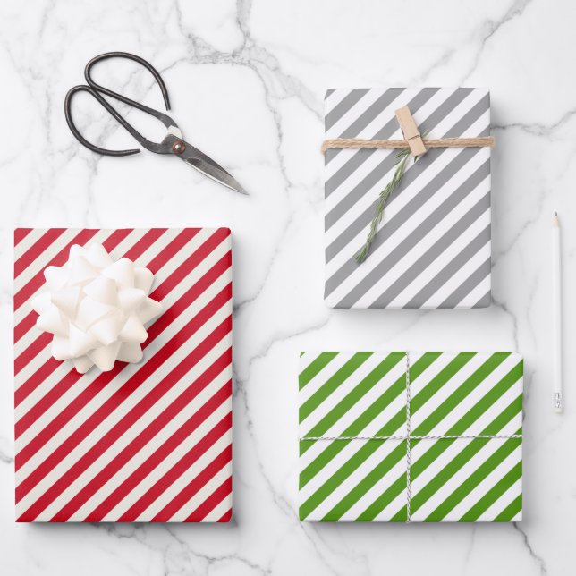 Red Green Silver Striped Christmas Wrapping Paper Sheet (Front)