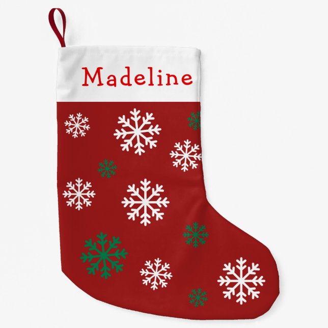 Red Green Snow Flakes Cute Name Small Christmas Stocking (Front)
