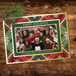 Red Green Snowflake Plaid Happy Holidays Photo Foil Holiday Card