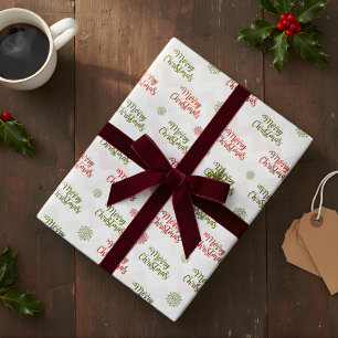 Red & Green Snowflakes Merry Christmas Script Wrapping Paper