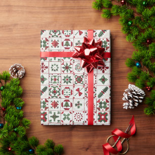 Red & Green Snowflakes Quilter's Quilt Pattern Wrapping Paper