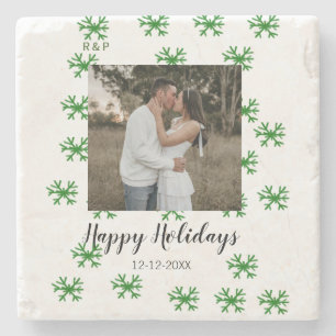 red green snowflakes text photo merry christmas stone coaster