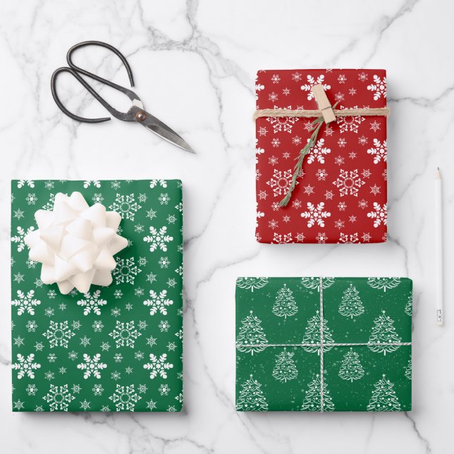 Red & Green Snowflakes & Trees Wrapping Paper Sheet (Front)