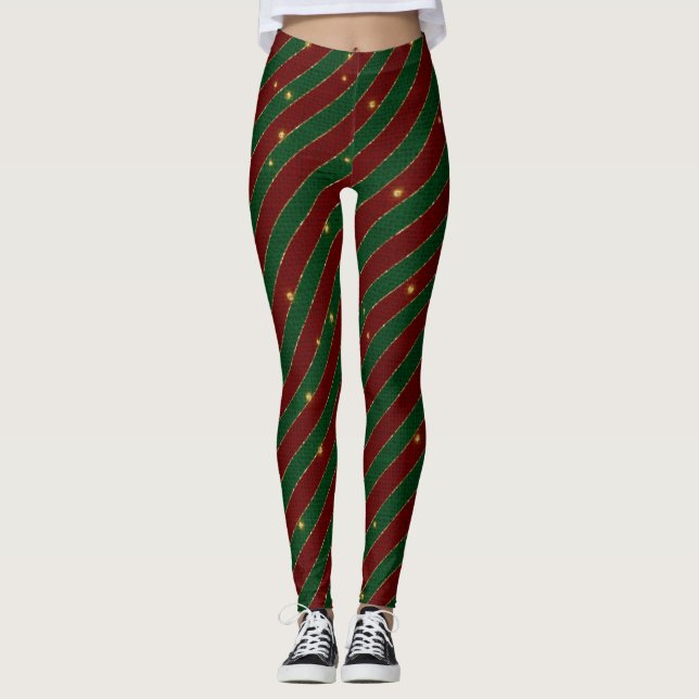 Red Green Sparkle Strips Leggings (Front)