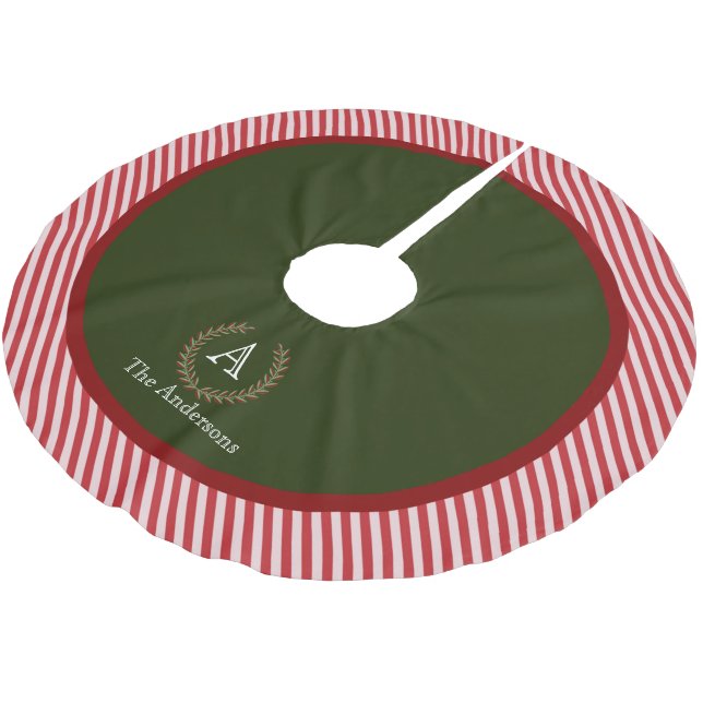 REd Green Stripe Monogram Family Name Brushed Polyester Tree Skirt (Angled)