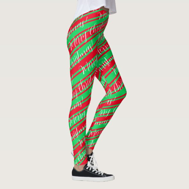Red Green Stripe White Candy Cane Merry Christmas Leggings (Right)