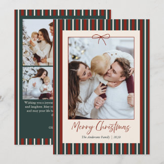 Red & Green Striped Christmas 5 Family Photo Holiday Card