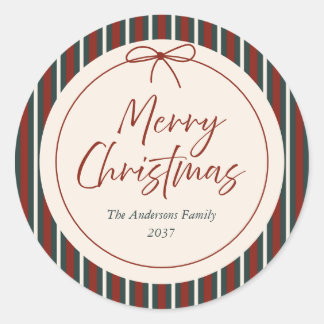 Red & Green Striped Christmas Classic Round Sticker