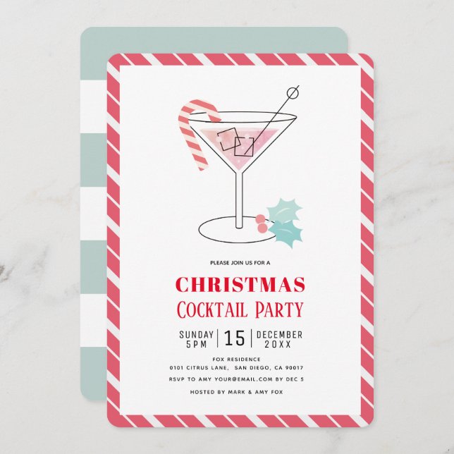 Red & Green Stripes Christmas Cocktail Party Invitation (Front/Back)