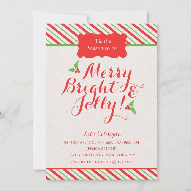 Red & Green Stripes Holiday/Christmas Party Invite (Front)