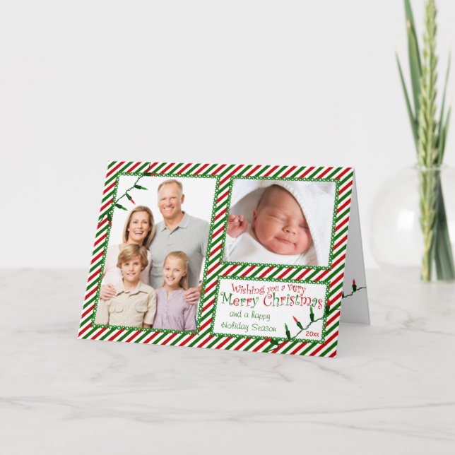 Red Green Stripes, Lights Christmas Photo Card (Front)