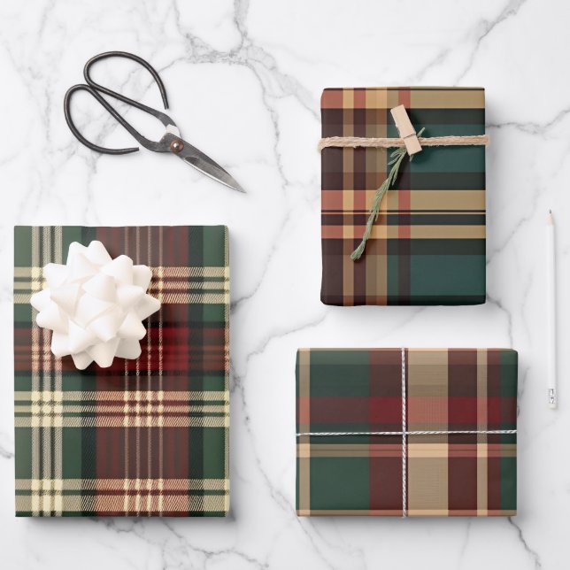 RED GREEN TAN WINTER HOLIDAY PLAID PATTERN WRAPPING PAPER SHEET (Front)