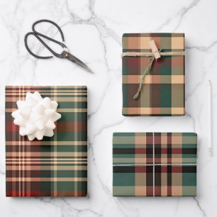 RED GREEN TAN WINTER HOLIDAY PLAID PATTERN WRAPPING PAPER SHEET